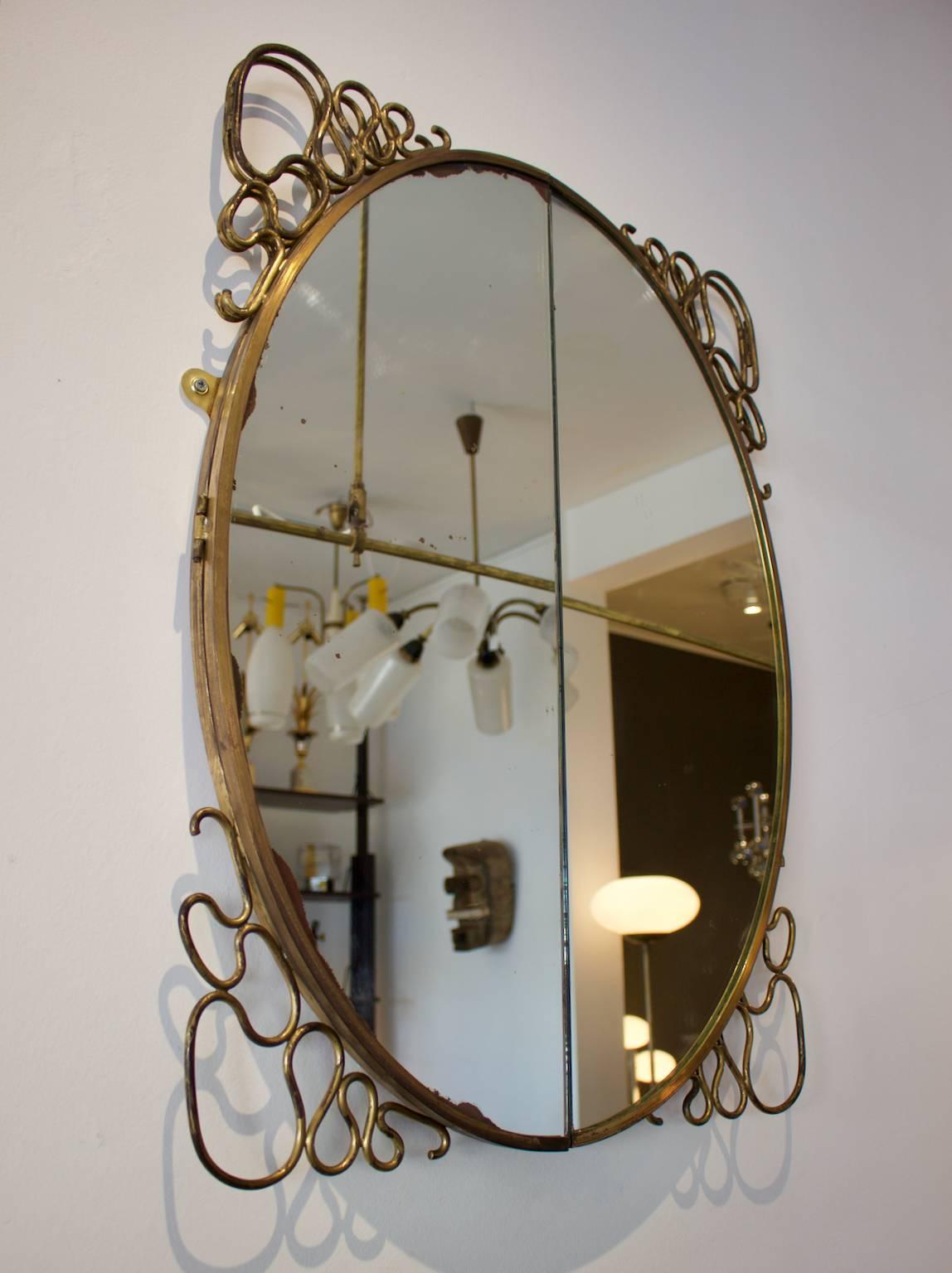 Mid-Century Modern Folding Mirror with Decorative Brass Frame in the Style of Gio Ponti Italy 1950s