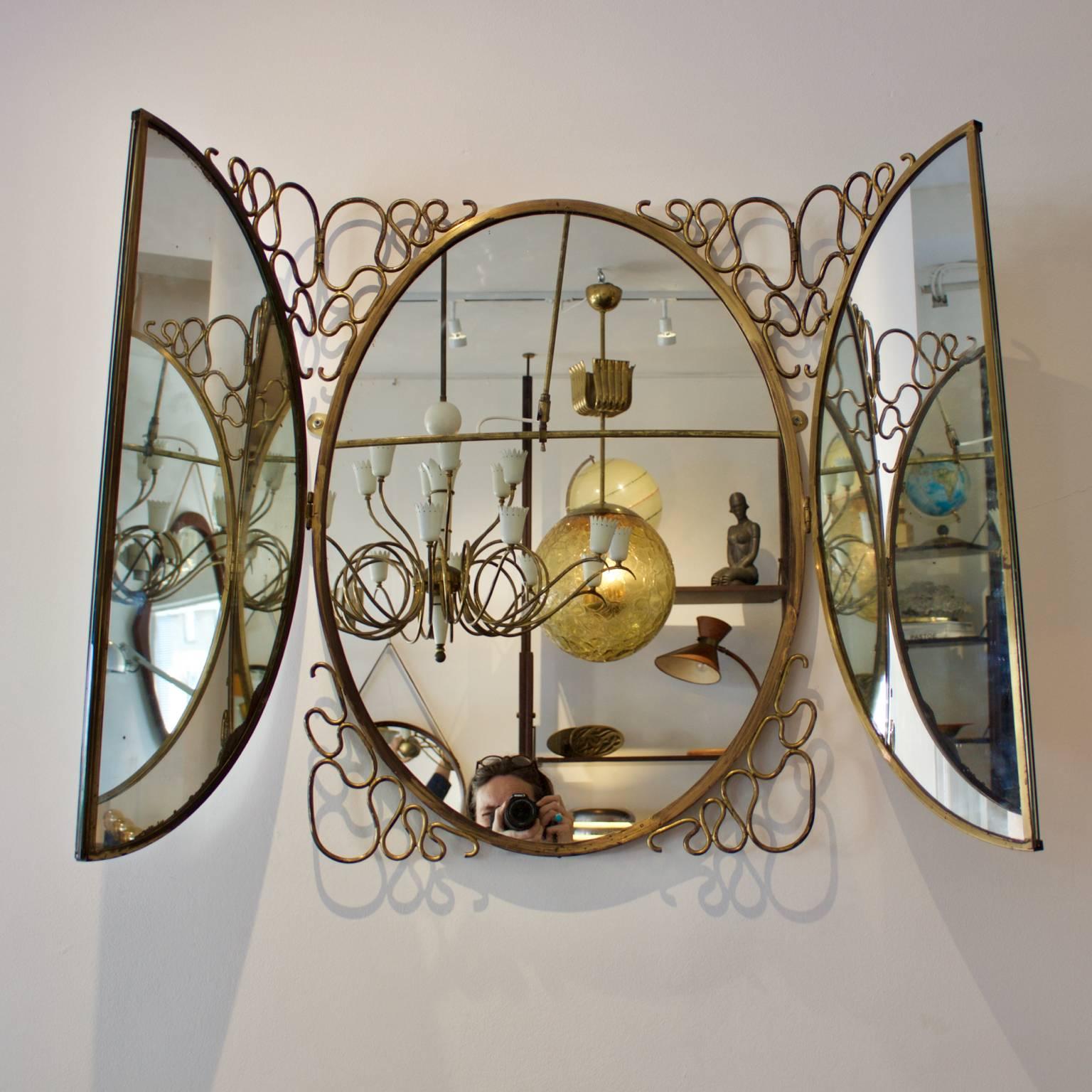 Folding Mirror with Decorative Brass Frame in the Style of Gio Ponti Italy 1950s In Good Condition In London, GB