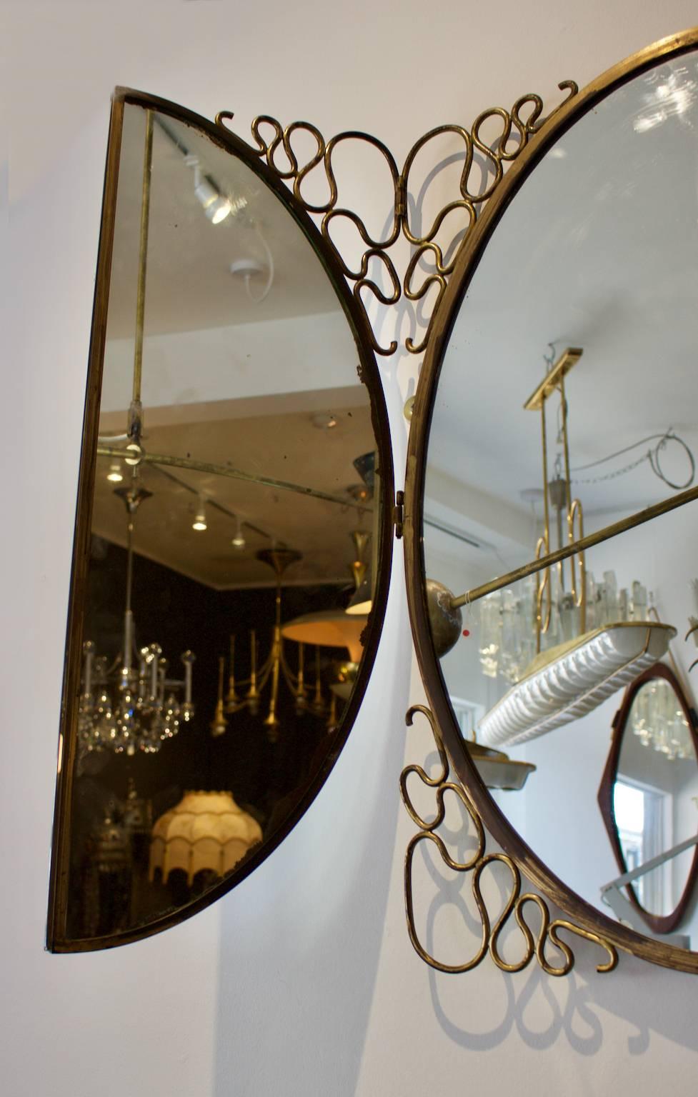 20th Century Folding Mirror with Decorative Brass Frame in the Style of Gio Ponti Italy 1950s
