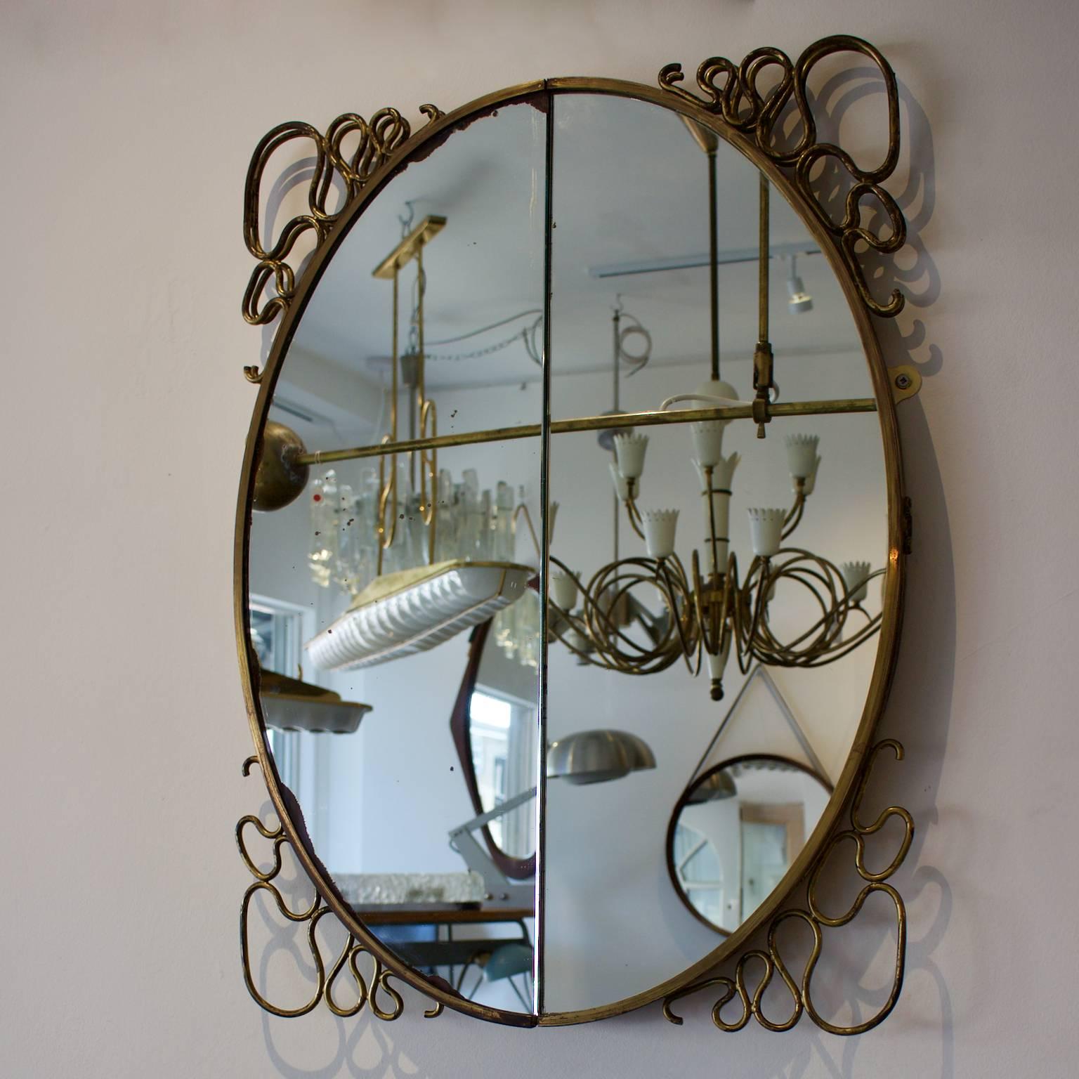 Folding Mirror with Decorative Brass Frame in the Style of Gio Ponti Italy 1950s 1