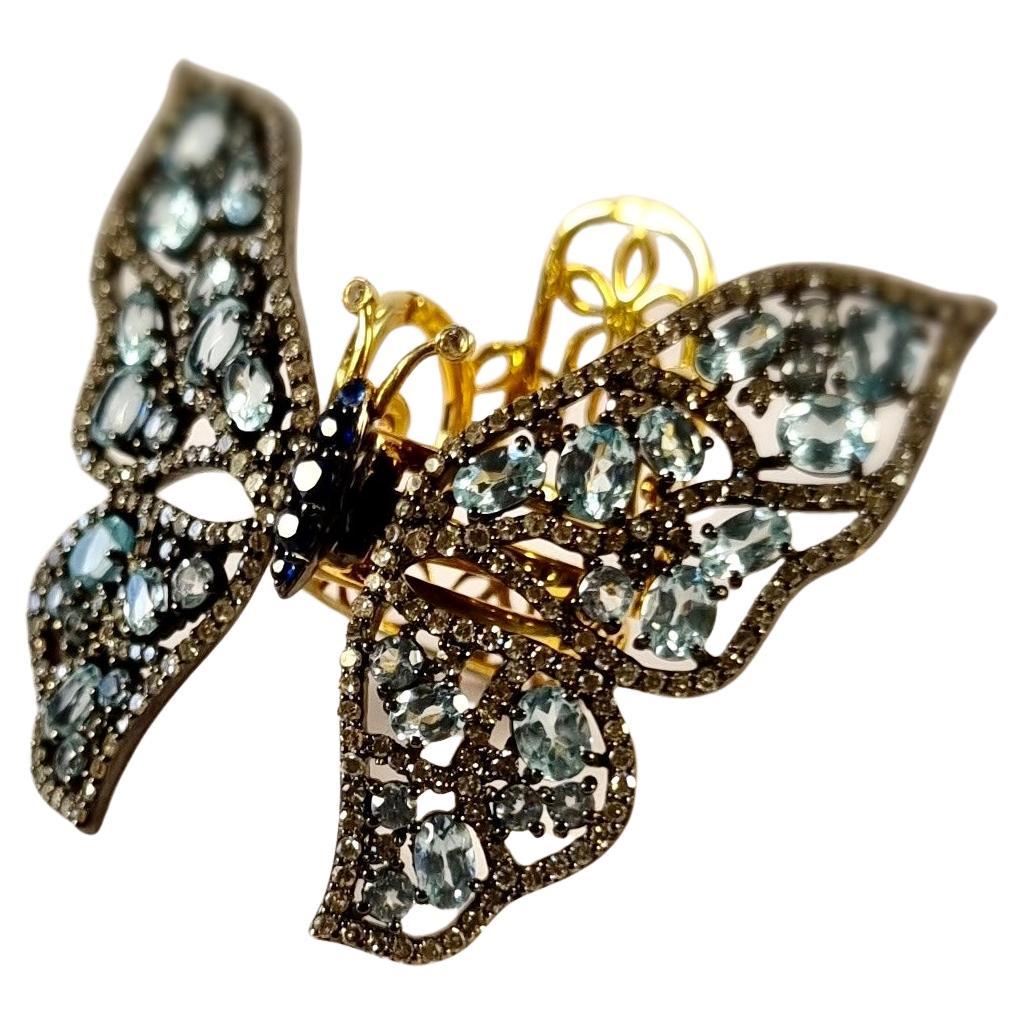 Folding Moving Butterfly 18k Gold Acquamarine, Diamonds, Sapphires Cocktail Ring For Sale