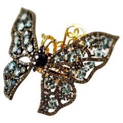 Folding Moving Butterfly 18k Gold Acquamarine, Diamonds, Sapphires Cocktail Ring