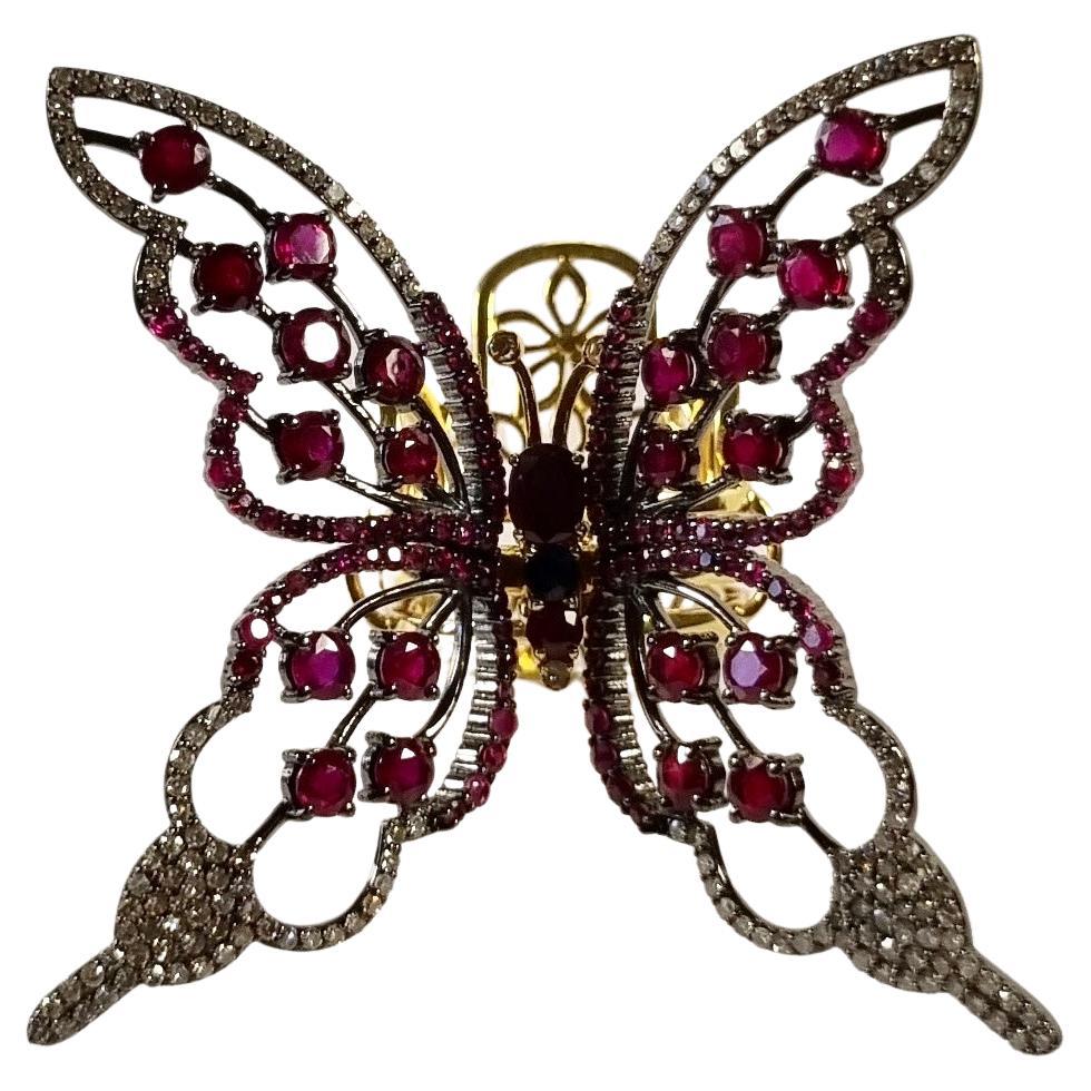 Bague papillon mobile pliante en or 18 carats, argent, diamants, rubis et saphirs