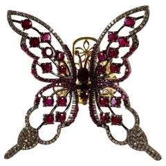 Bague papillon mobile pliante en or 18 carats, argent, diamants, rubis et saphirs