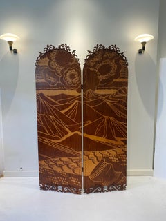 Folding Plywood Room Divider Screen Hand-Painted Two-Tone Wood Oil 1990s Bedroom