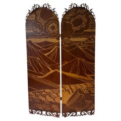 Folding Plywood Room Divider Screen Hand-Painted Two-Tone Wood Oil 1990s Bedroom