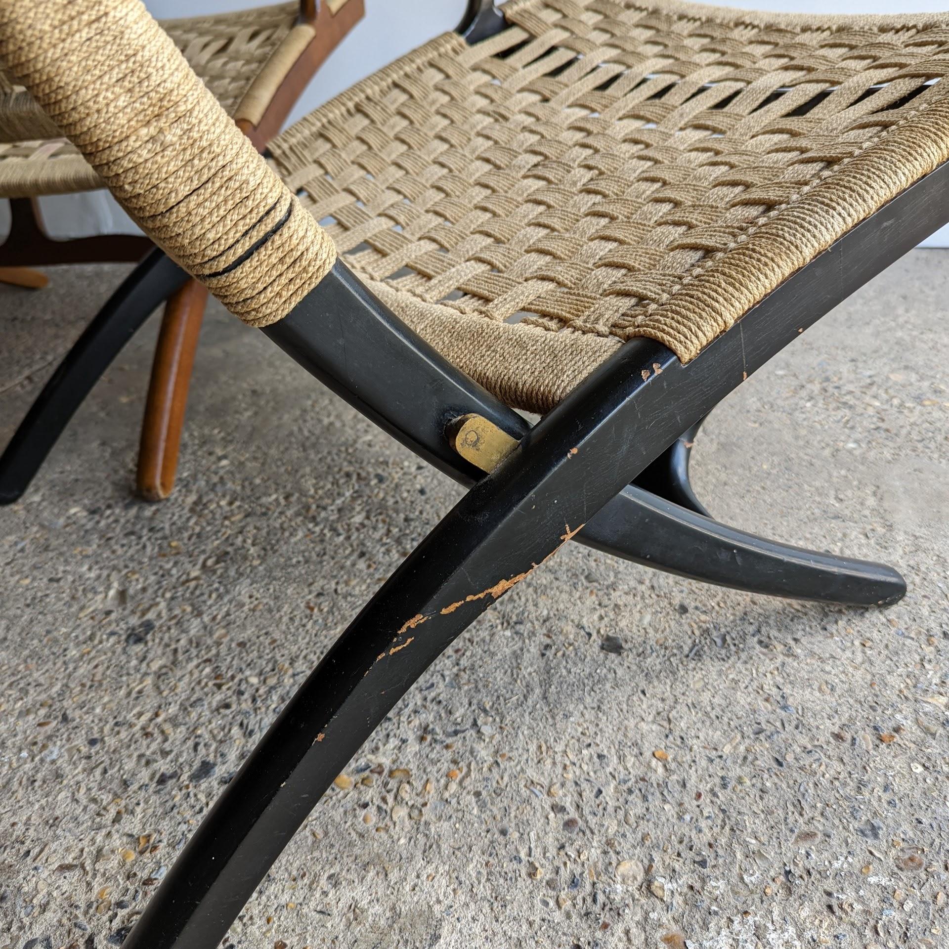 Papercord Folding Rope Chair 1950s, in the manner of Hans Wegner, Black Frame For Sale
