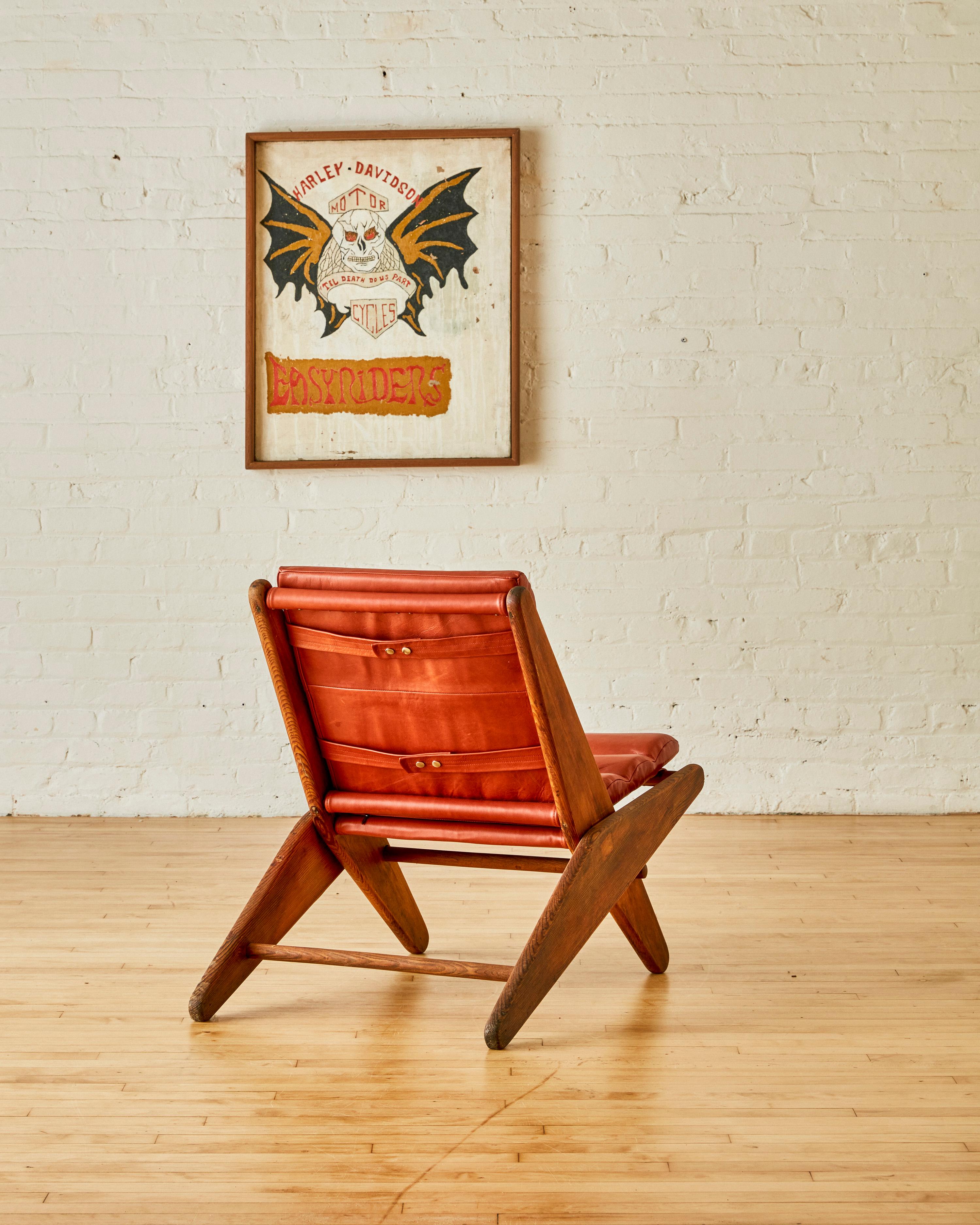 Leather Folding Scissor Chair by Ficks Reed C. 1950