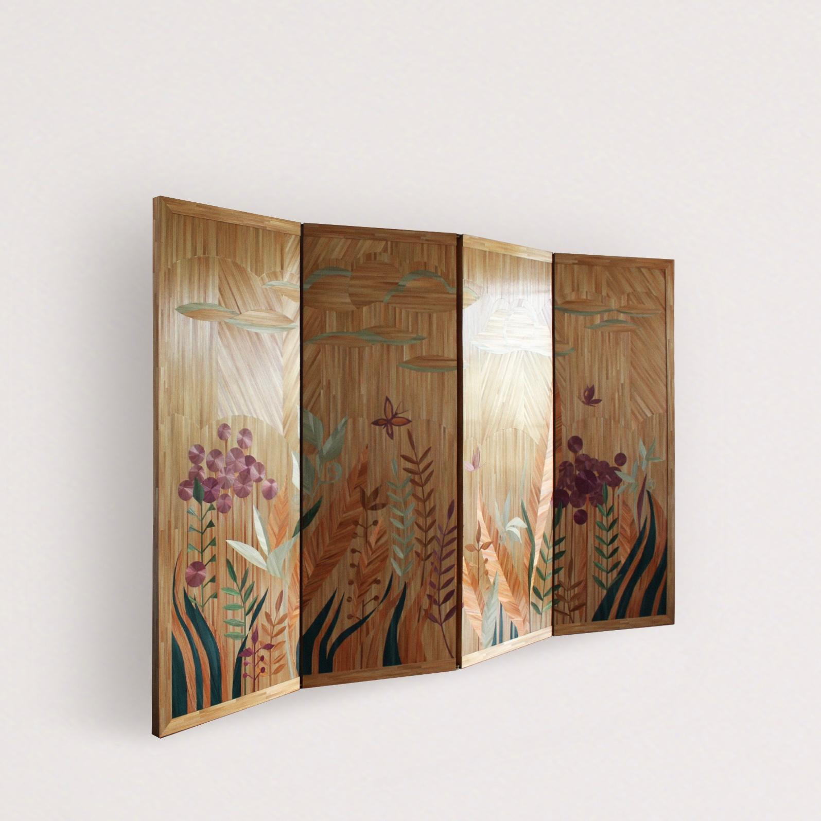 Art Deco Folding Screen Butterflies Straw Marquetry Hand-Crafted French Deco, in stock For Sale