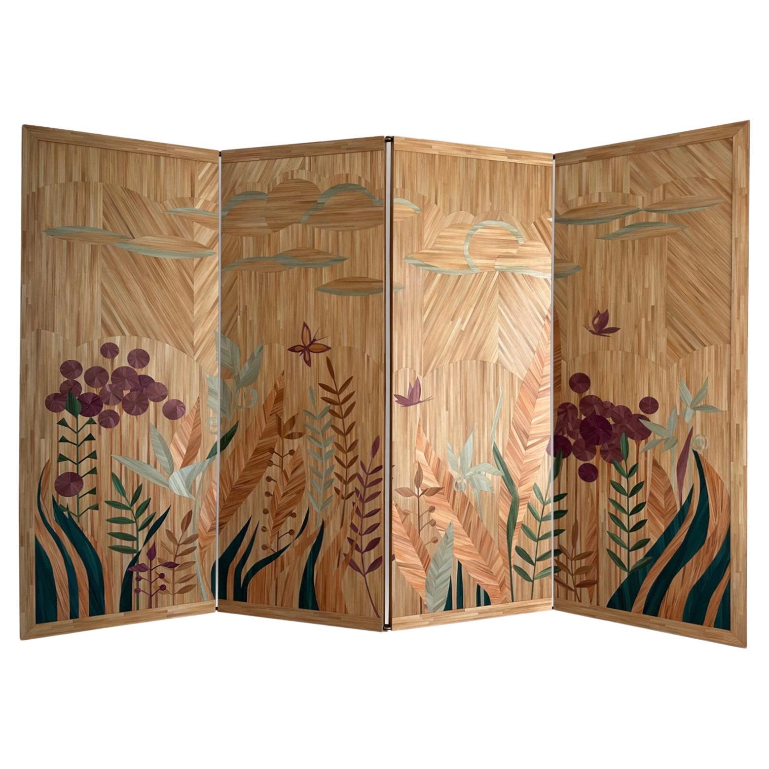 Folding Screen Butterflies Straw Marquetry Hand-Crafted French Deco, in stock For Sale