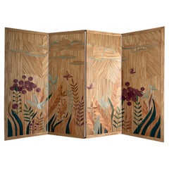 Folding Screen Butterflies Straw Marquetry Hand-Crafted French Deco, in stock