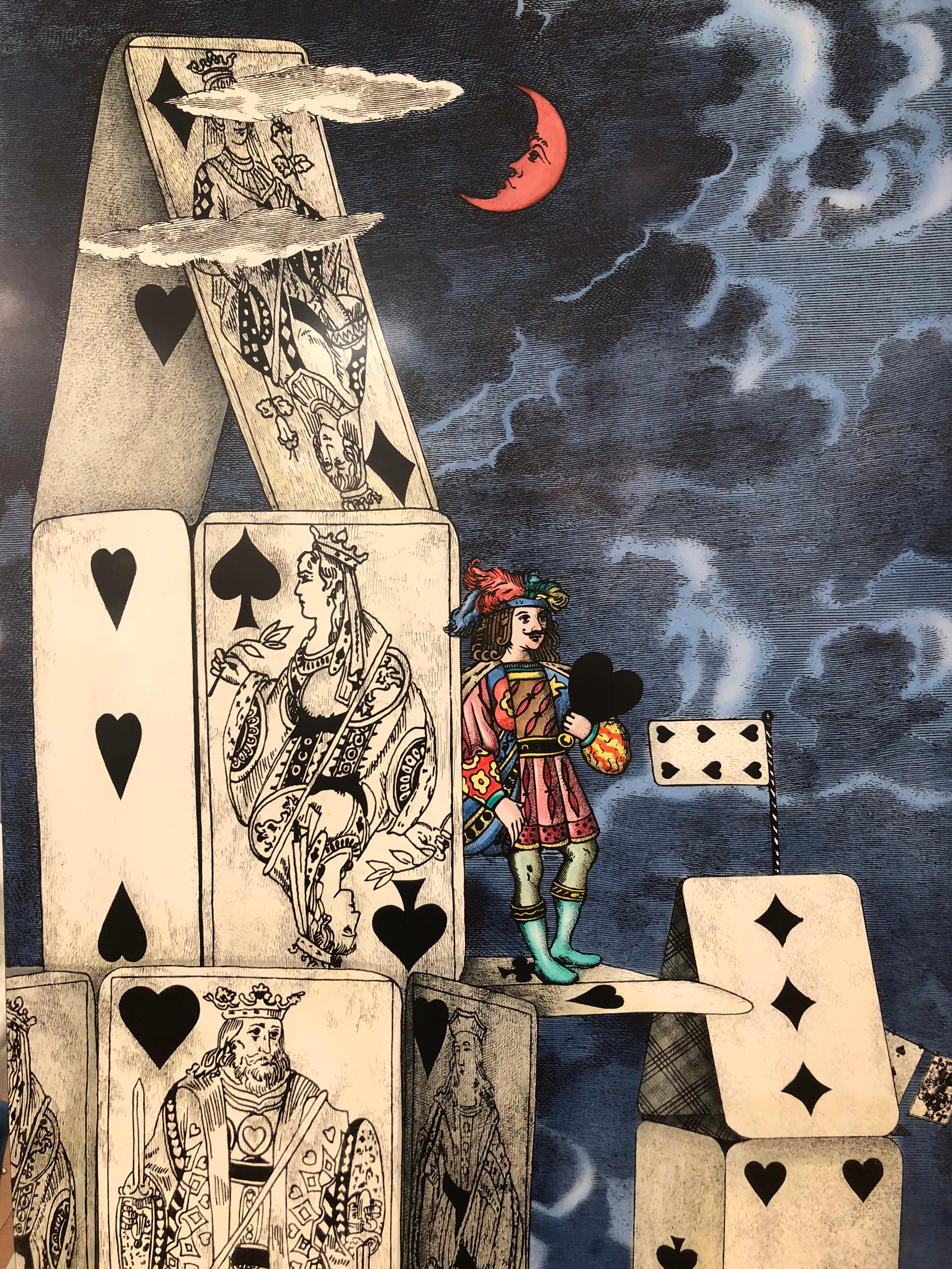 “Citta’ di Carte” (City of Cards) folding screen by Piero Fornasetti. Litographic transfer print on wood. Originally designed in 1950, this is one of four re-editions made in 2001. Marked and dated. Back is lacquered black.

Condition: Excellent,