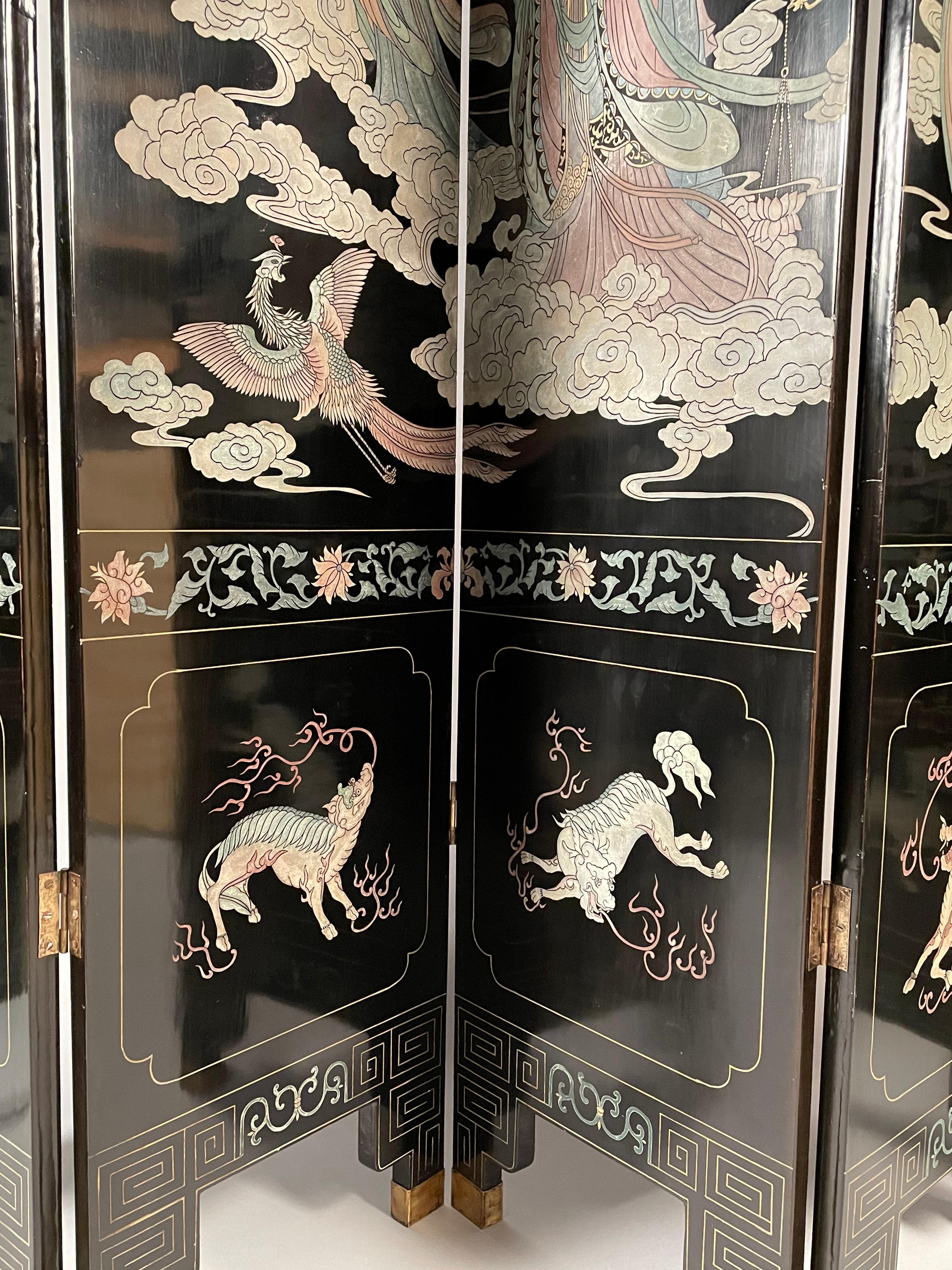 Six-panel Coromandel lacquer screen featuring incised, pastel figural scene. Complete with stepped feet and brass sabots. Reverse depicting naturalistic landscape.