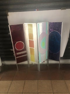 Folding Screen in Metal Painted and Signed “Le Songe” 'the Dream' Four Panels