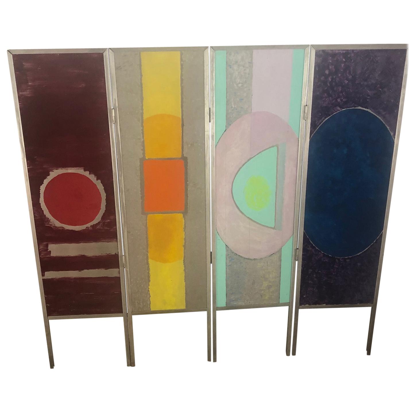 Folding Screen in Metal Painted and Signed “Le Songe” 'the Dream' Four Panels