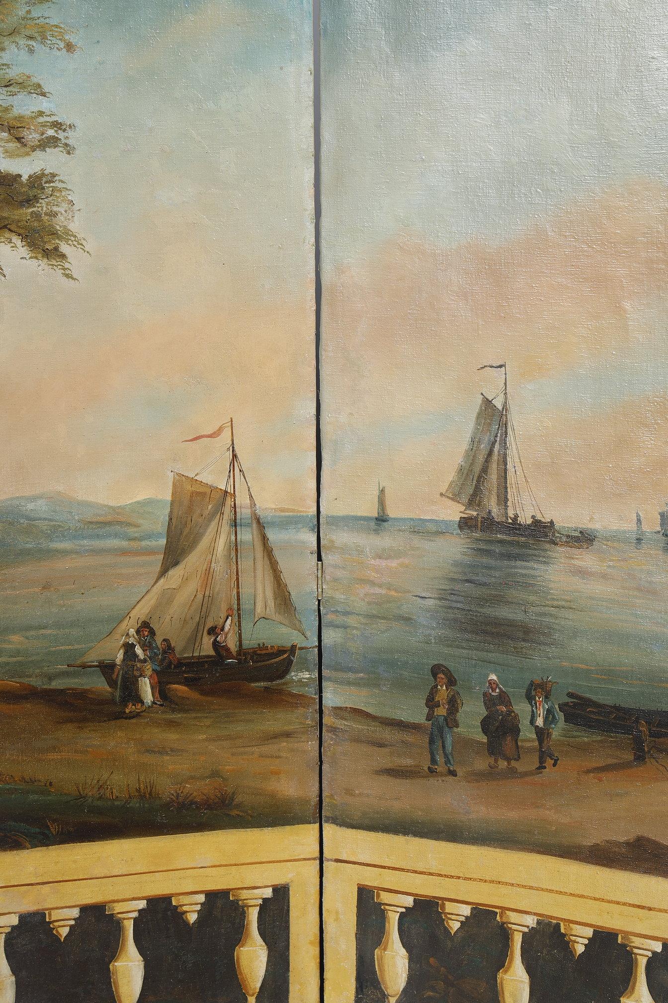 Biombo en lienzo pintado, obra francesa, 1830 en venta 4