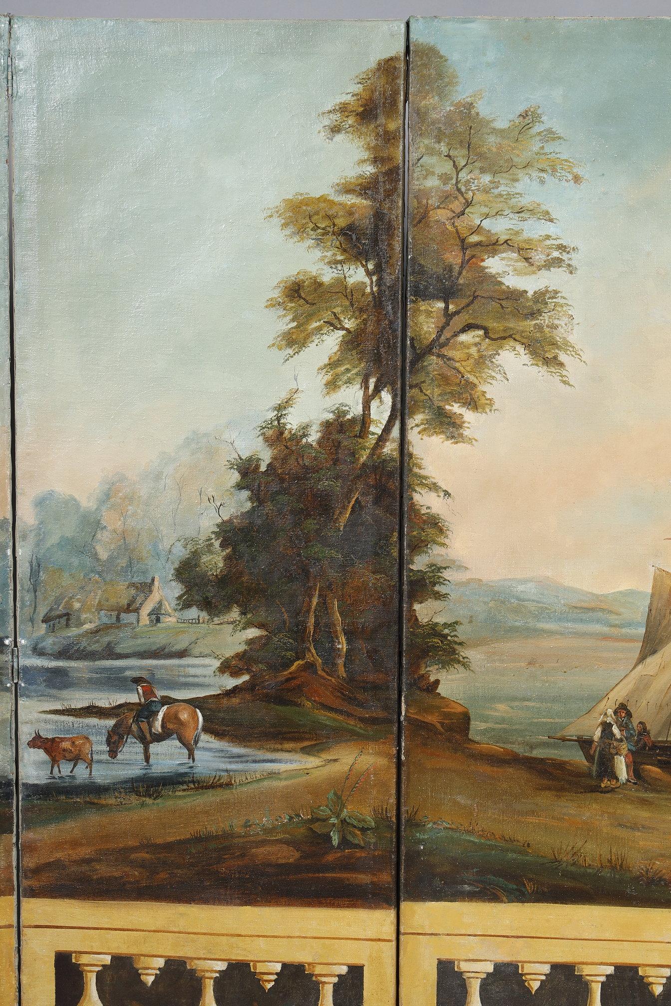 Biombo en lienzo pintado, obra francesa, 1830 en venta 7