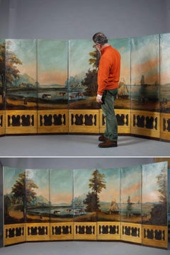 Folding screen in painted canvas, French work, 1830