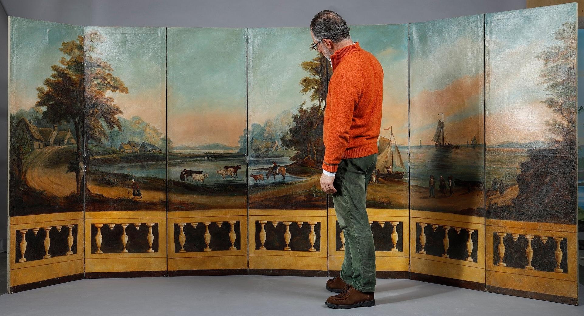 Biombo en lienzo pintado, obra francesa, 1830 Pintado en venta