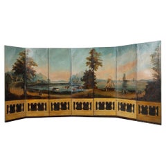 Folding screen in painted canvas, French work, 1830