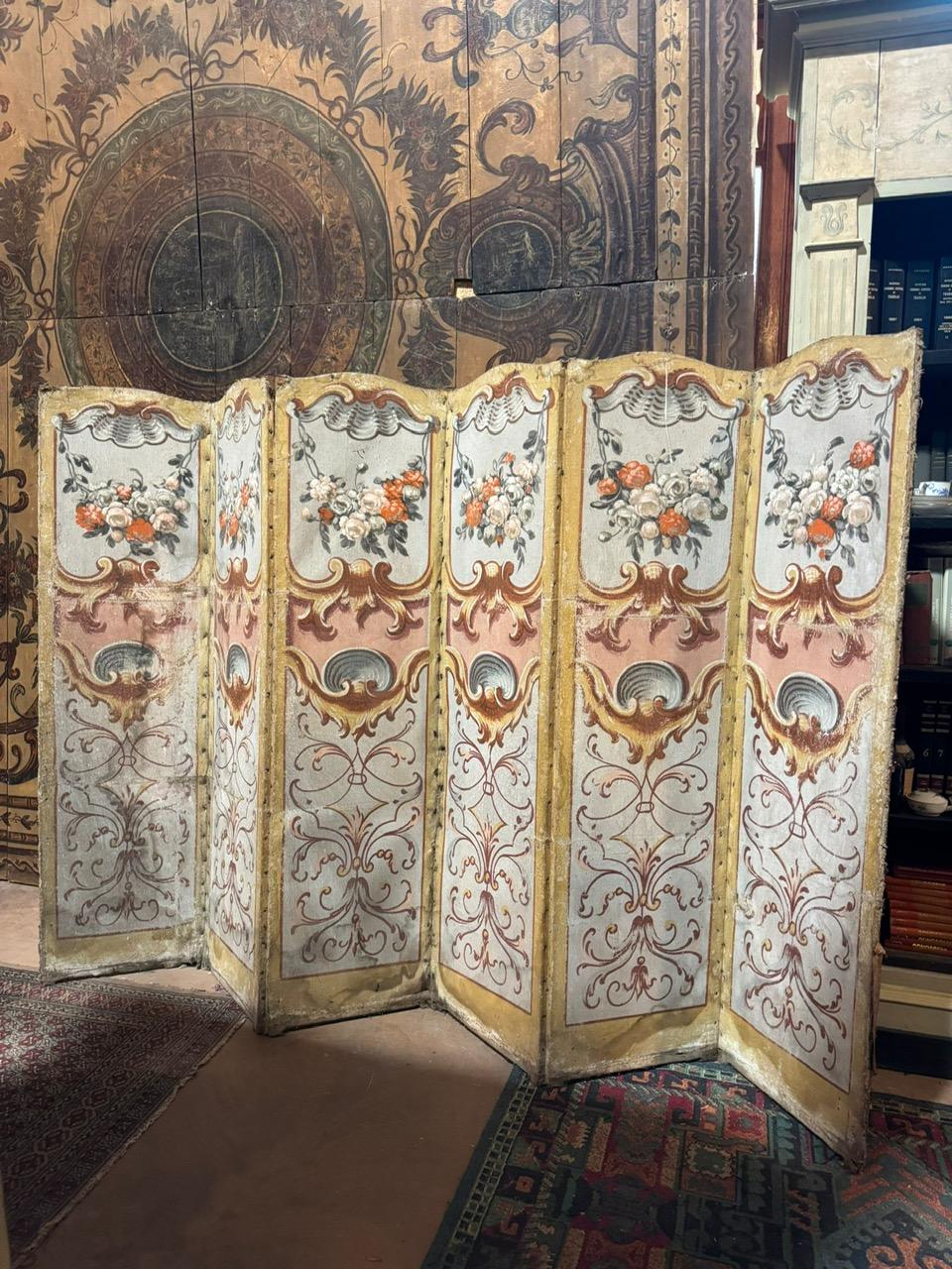 Italian Folding screen on canvas painted with rich floral and leafy decorations, Italy For Sale