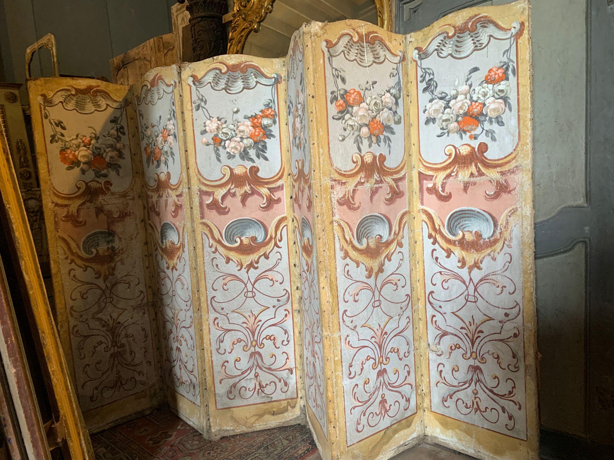 Hand-Painted Folding screen on canvas painted with rich floral and leafy decorations, Italy For Sale