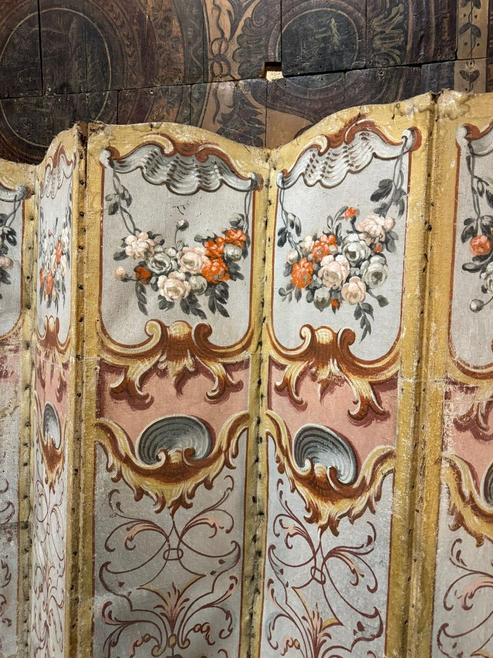 Canvas Folding screen on canvas painted with rich floral and leafy decorations, Italy For Sale
