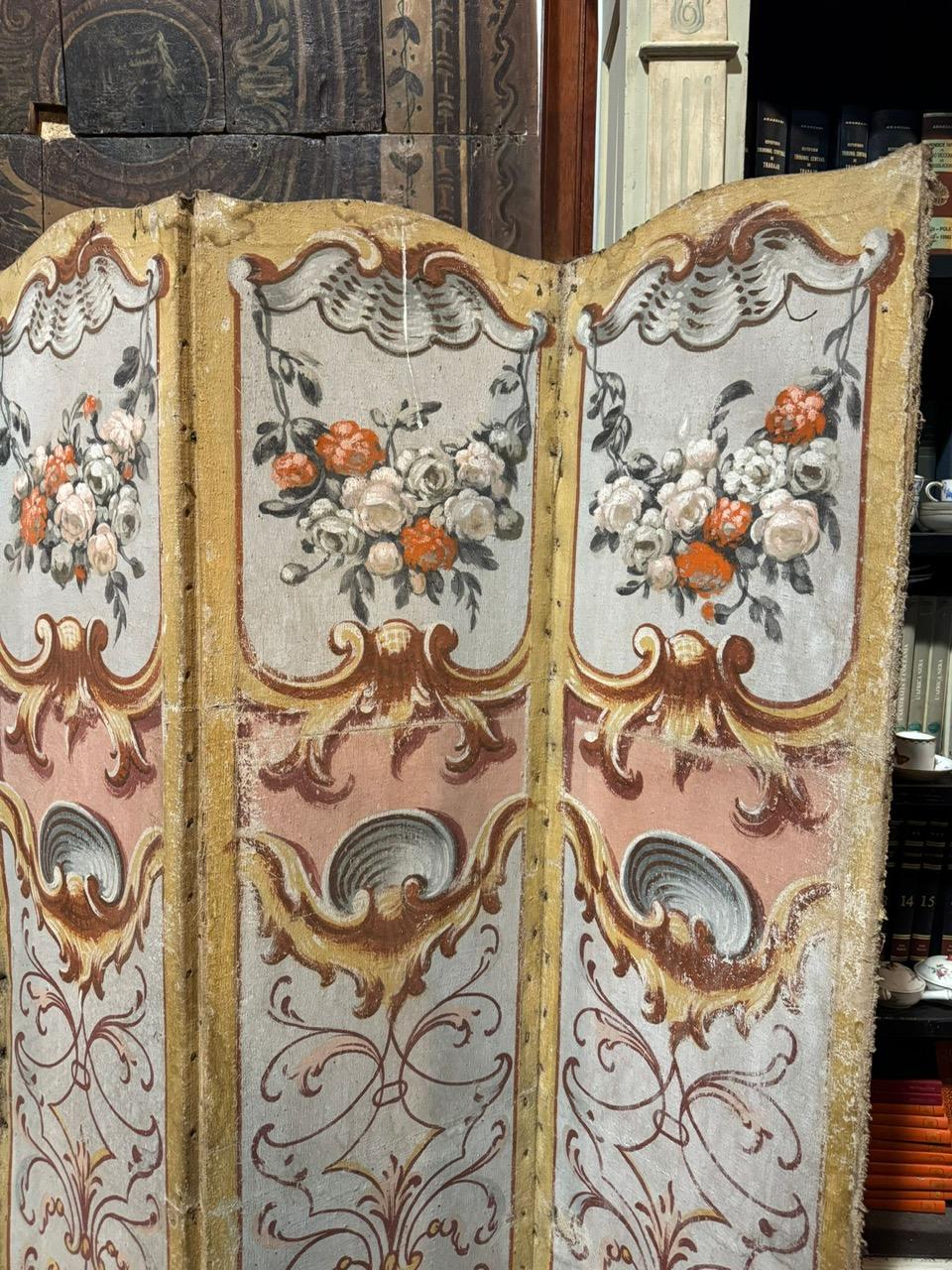 Folding screen on canvas painted with rich floral and leafy decorations, Italy For Sale 1