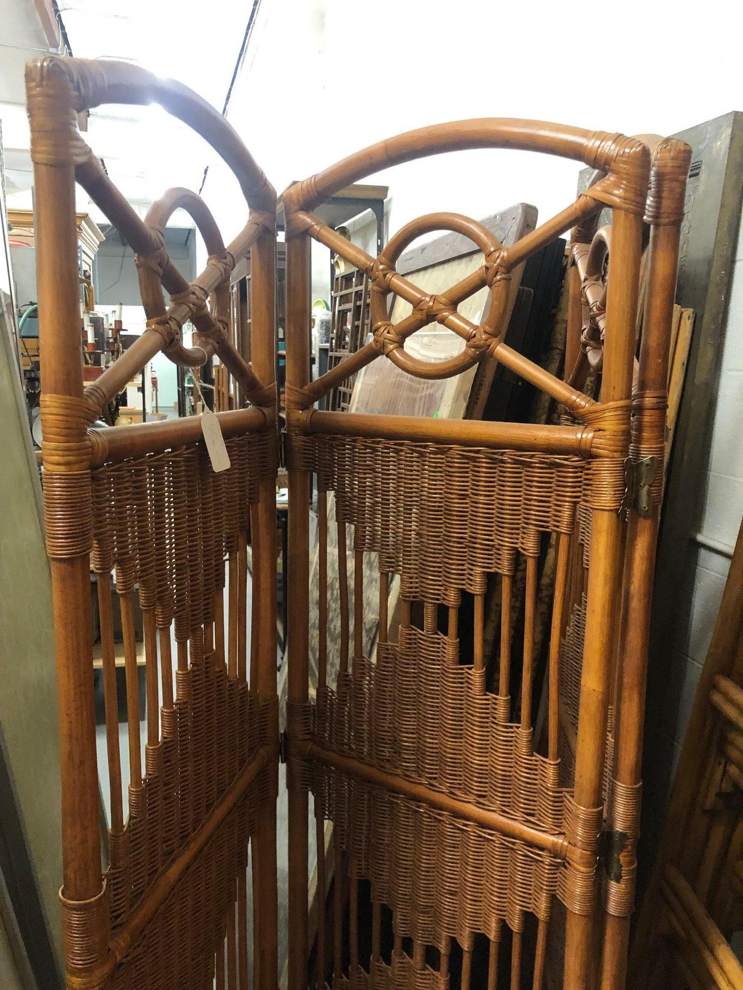 Mid-20th Century Folding Screen, Rattan and Woven Wicker 3 Panel For Sale