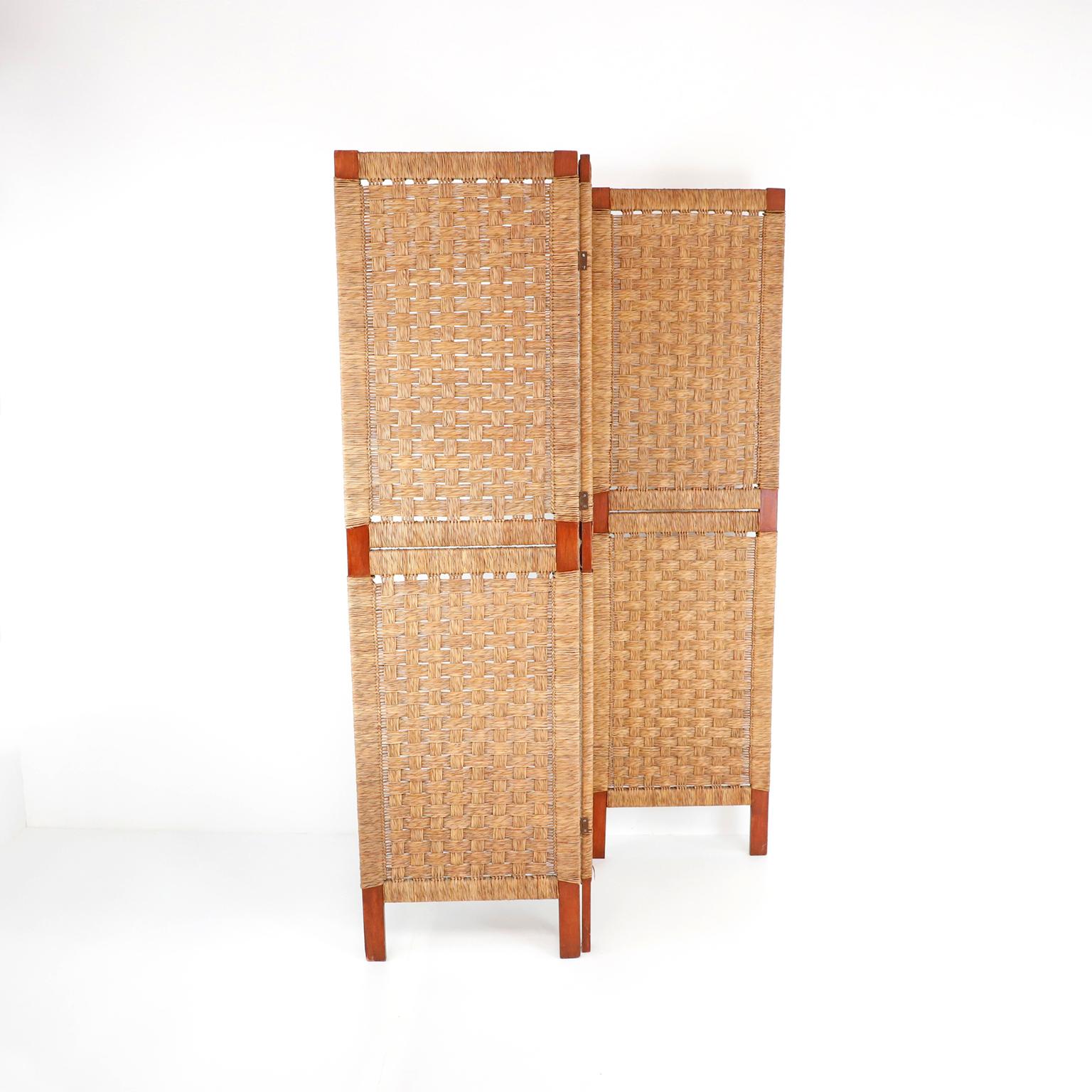 circa 1950, We offer this folding screen room divider in the style of Clar Porset, made in pine wood and palm cords.
