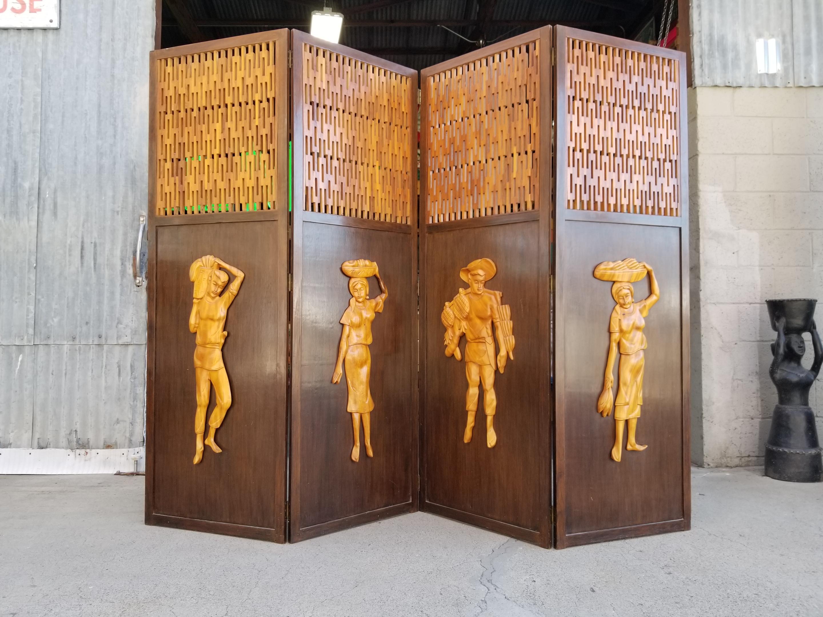 Folding Screen / Room Divider with Carved Polynesian Figures 4