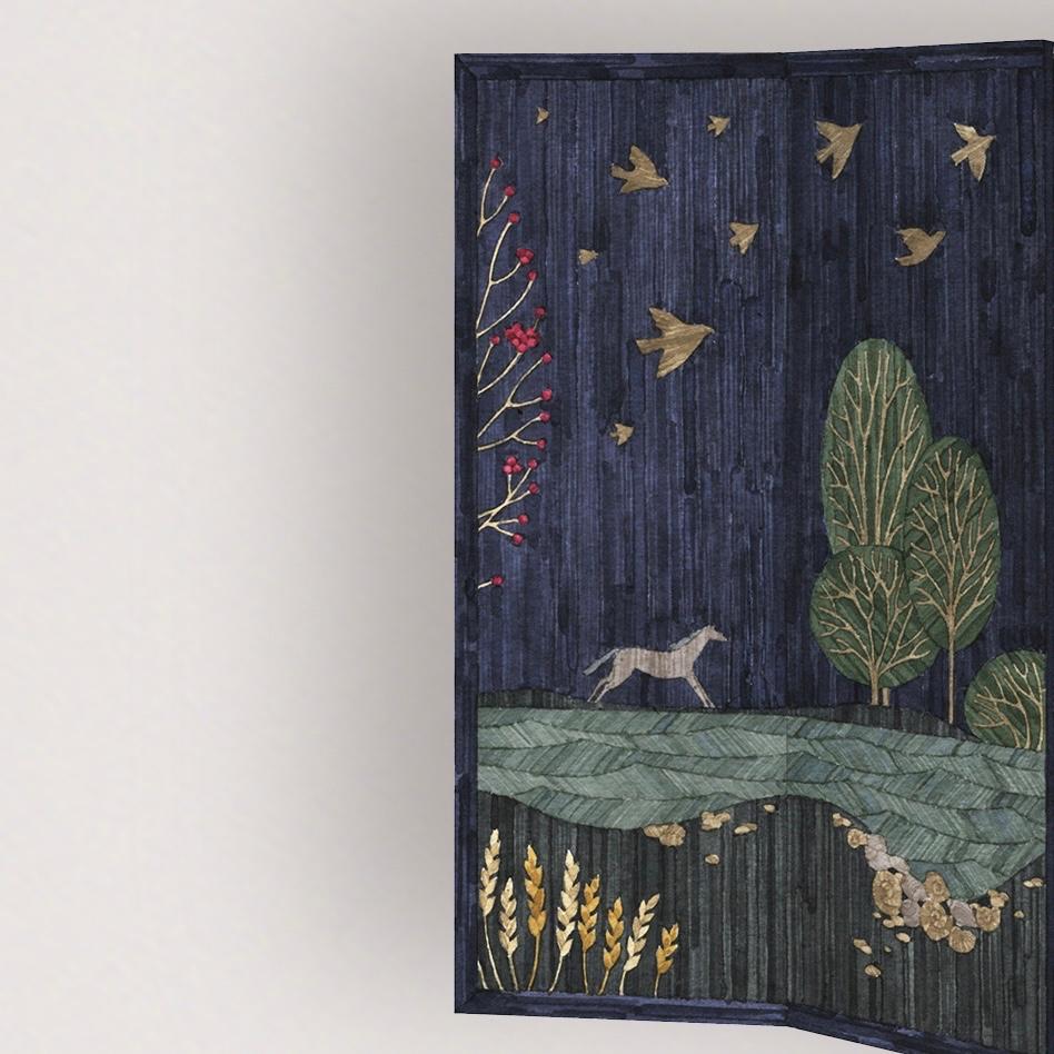 The Where Your Heart Belongs Folding Screen is a nostalgic reminder of the place where our roots originate, a sanctuary we yearn to return to in our thoughts. It captures the essence of a warm summer night, brimming with symbols of life and nature,
