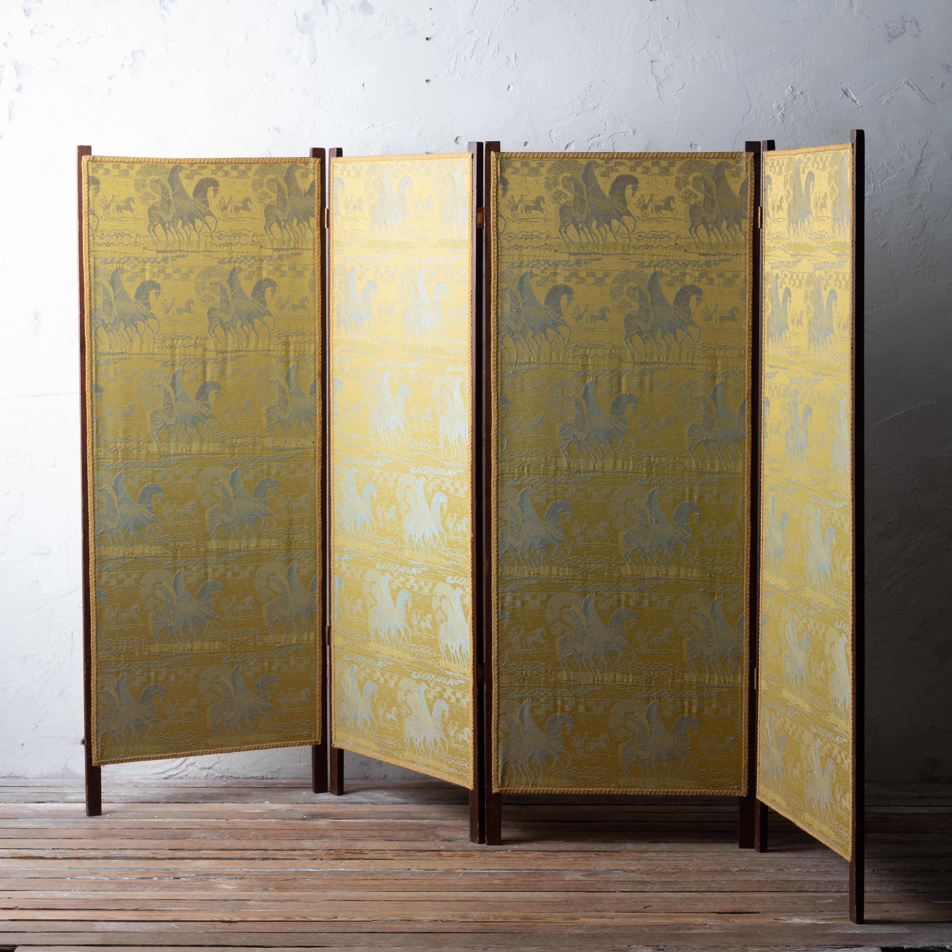 Mid-Century Modern Folding Screen with Tibor Reich Etruscan Horse Fabric For Sale