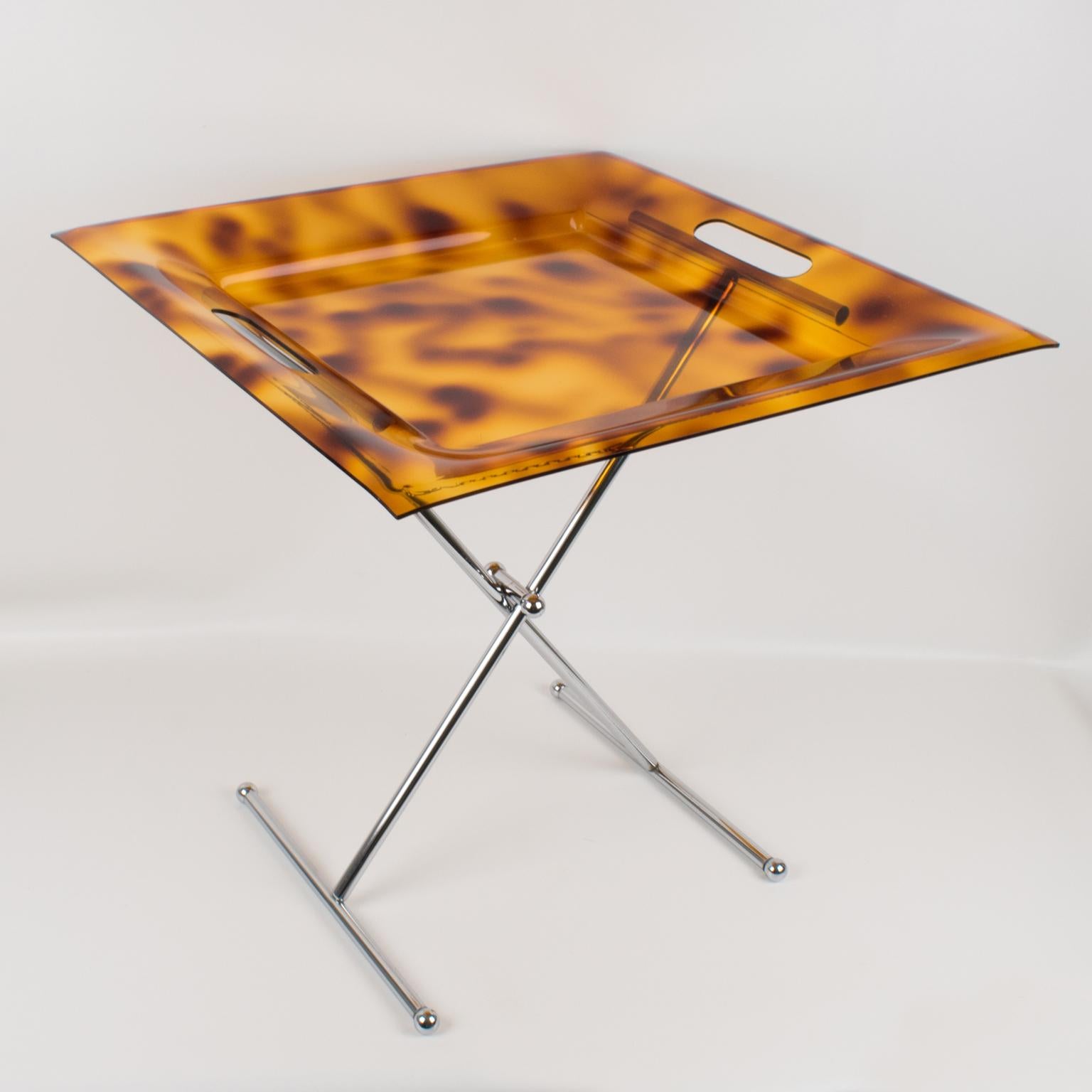 Modern Folding Side Tray Table Tortoise Lucite and Chrome, Italy 1980s