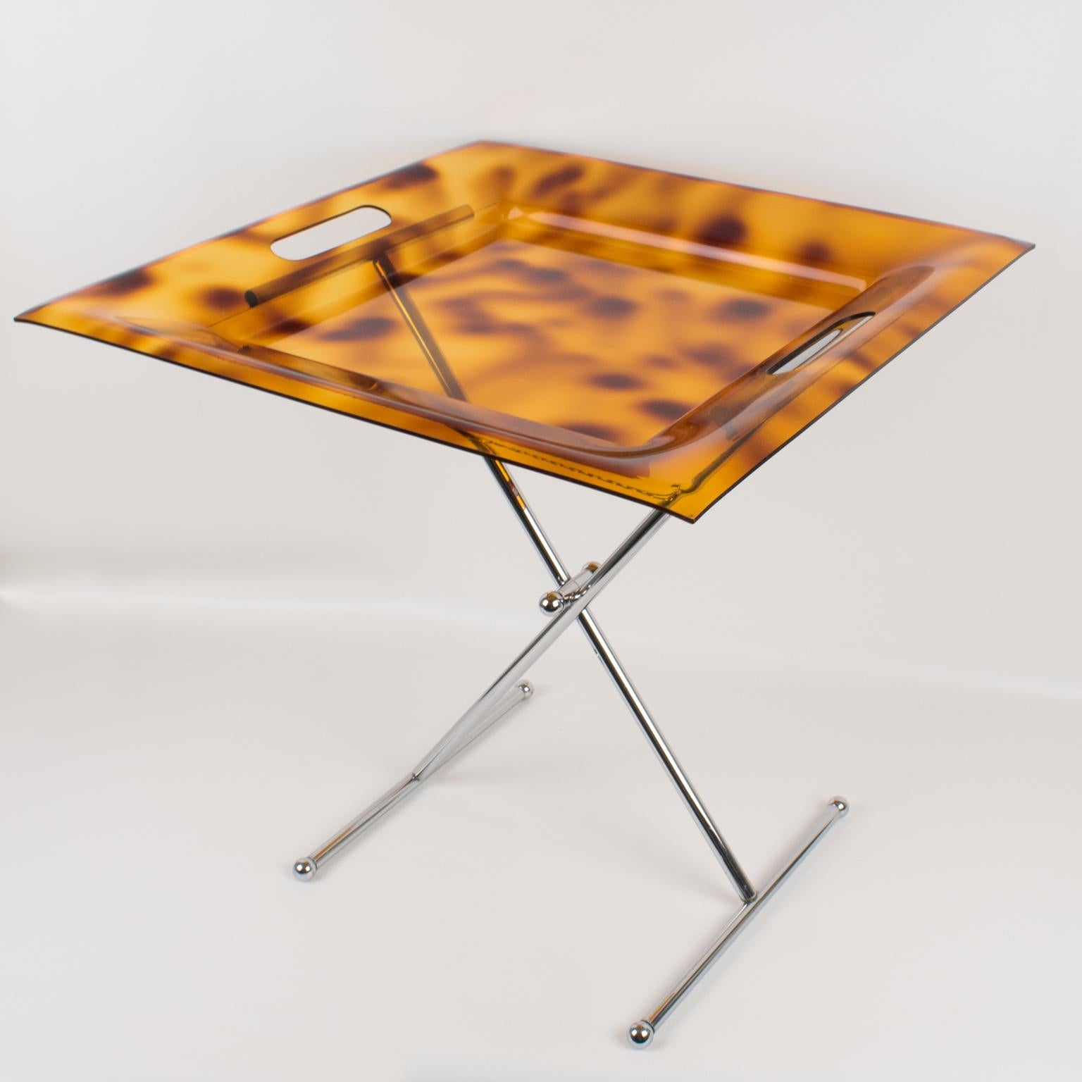 Folding Side Tray Table Tortoise Lucite and Chrome, Italy 1980s In Excellent Condition In Atlanta, GA