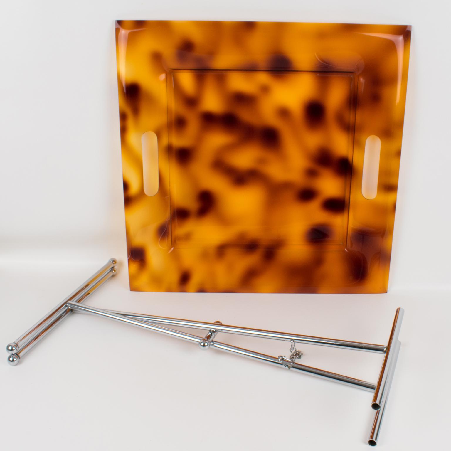 Metal Folding Side Tray Table Tortoise Lucite and Chrome, Italy 1980s