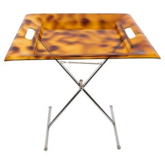 Vintage Folding Side Tray Table Tortoise Lucite and Chrome, Italy 1980s