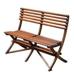 Panchina o sedile da giardino pieghevole in legno a doghe dalla Francia - inizio XX secolo