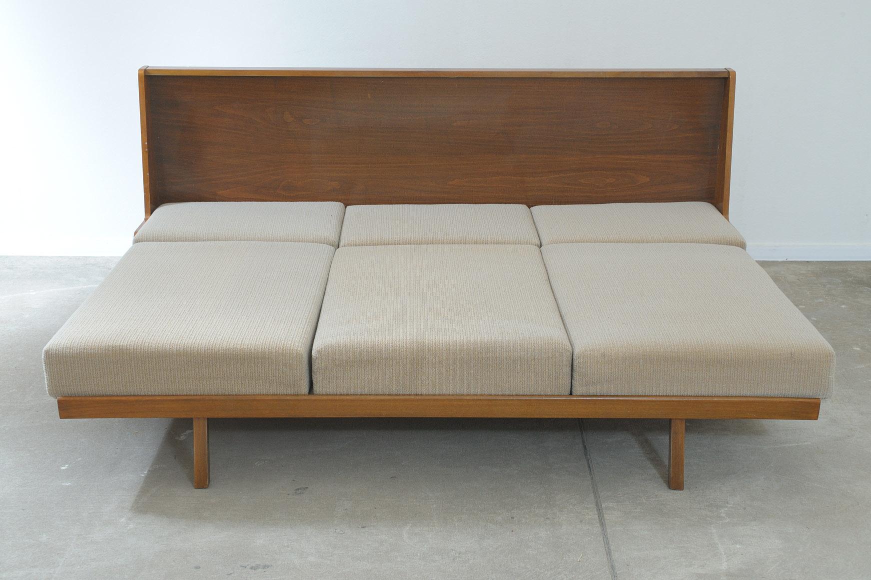 Fabric Folding Sofa in walnut, Jitona, 1950s, Czechoslovakia