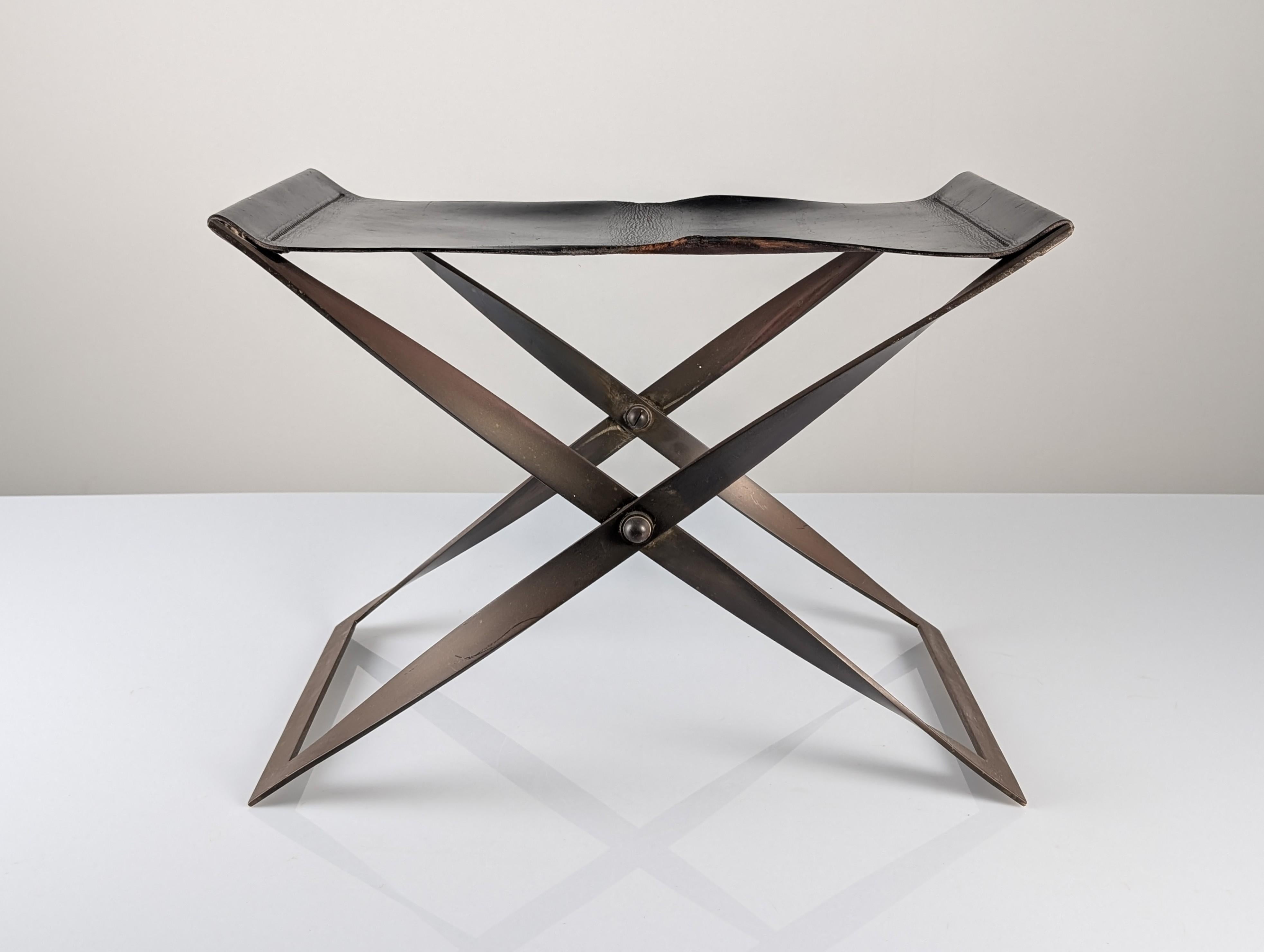 Danish Folding Steel and Leather Stool, Denmark 1960s For Sale