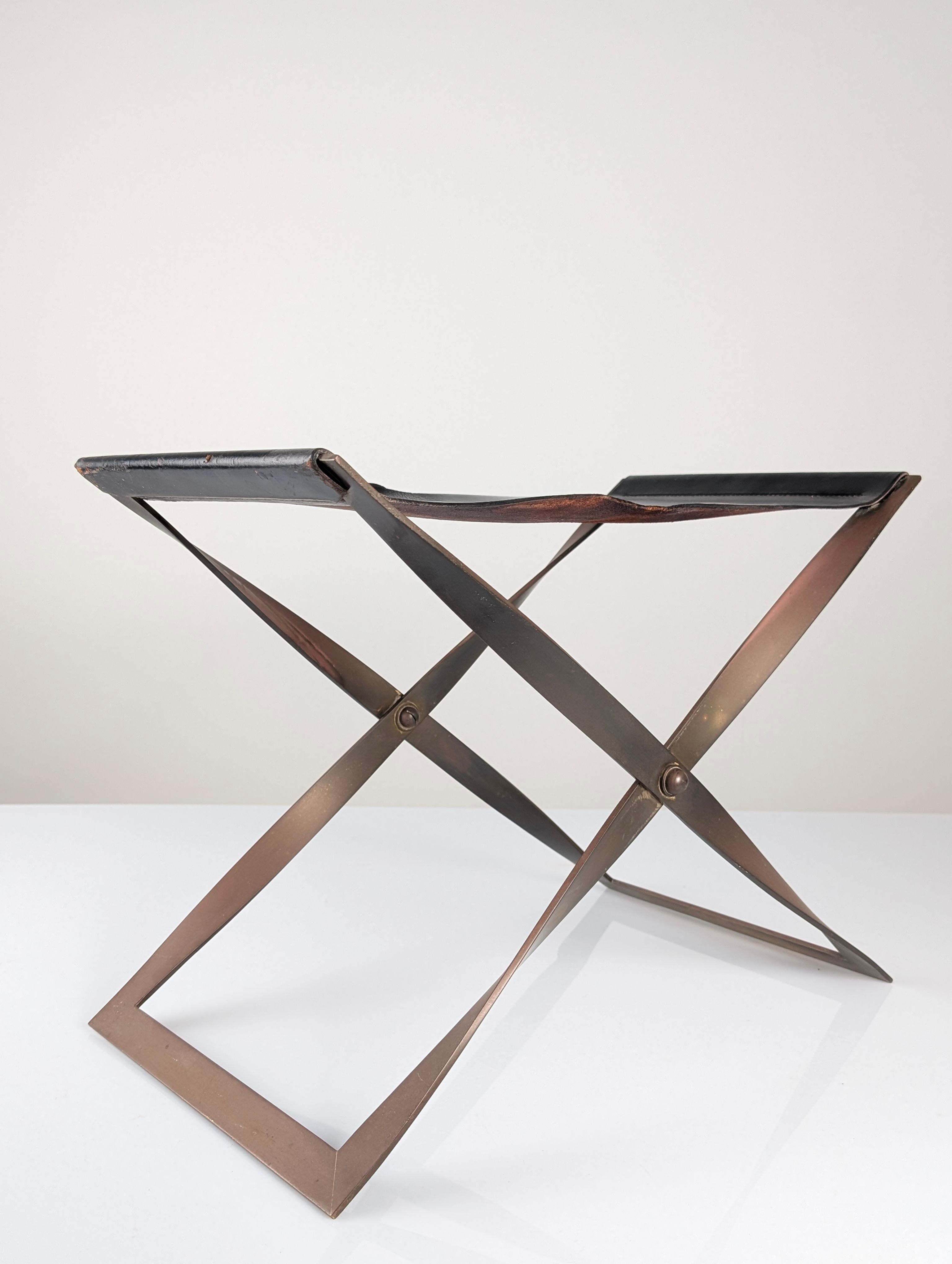 Folding Steel and Leather Stool, Denmark 1960s For Sale 1