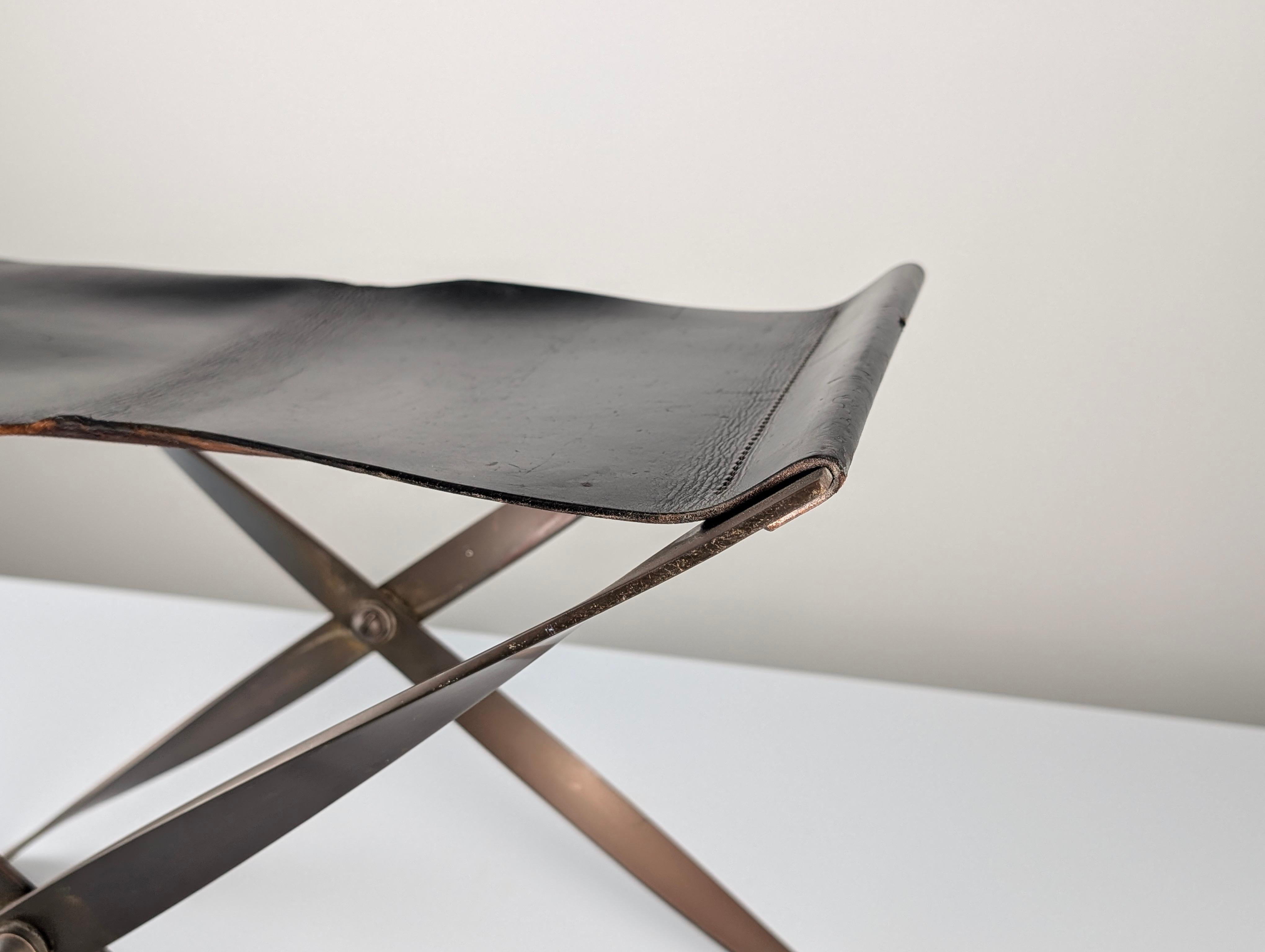 Folding Steel and Leather Stool, Denmark 1960s For Sale 3