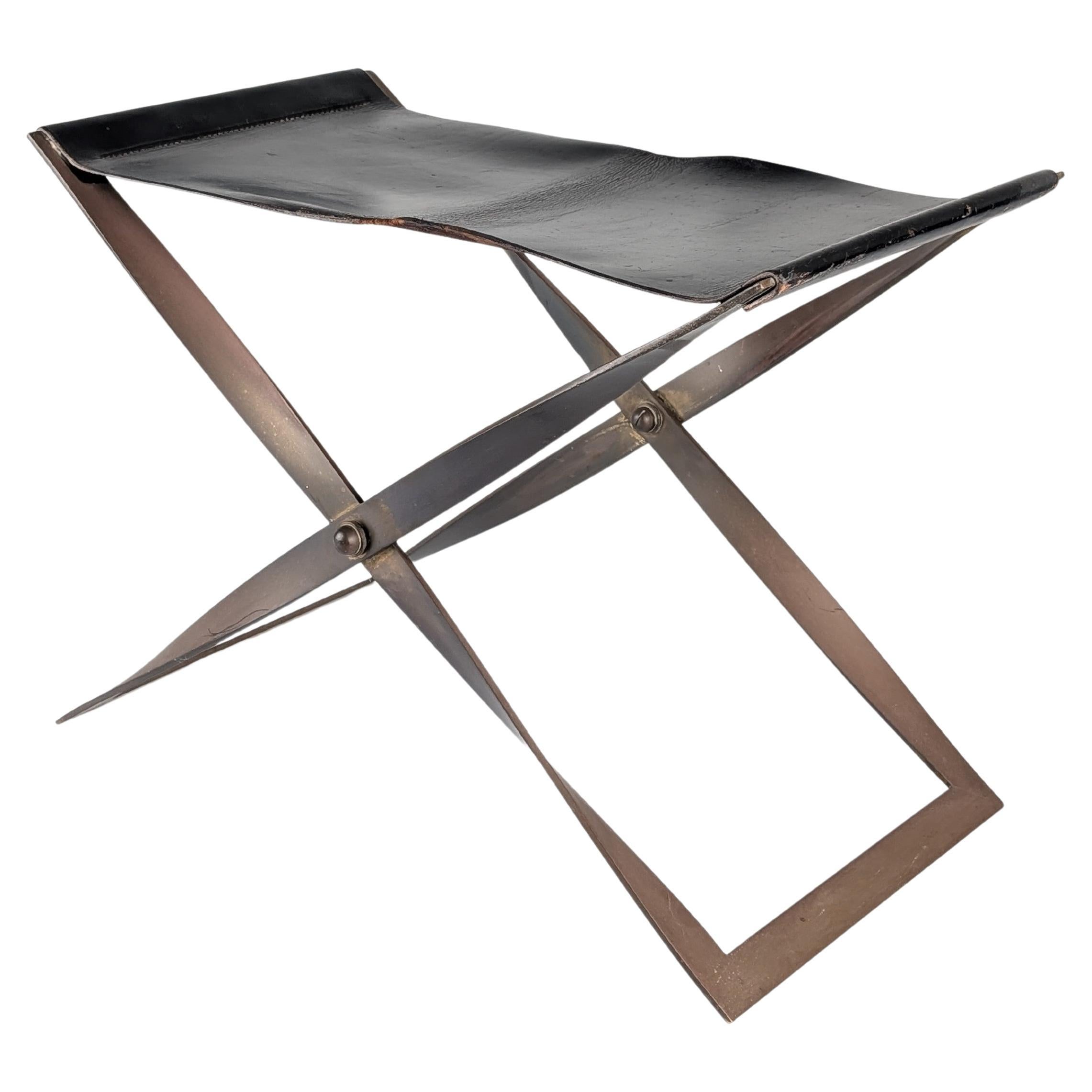Folding Steel and Leather Stool, Denmark 1960s For Sale