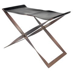 Vintage Folding Steel and Leather Stool, Denmark 1960s