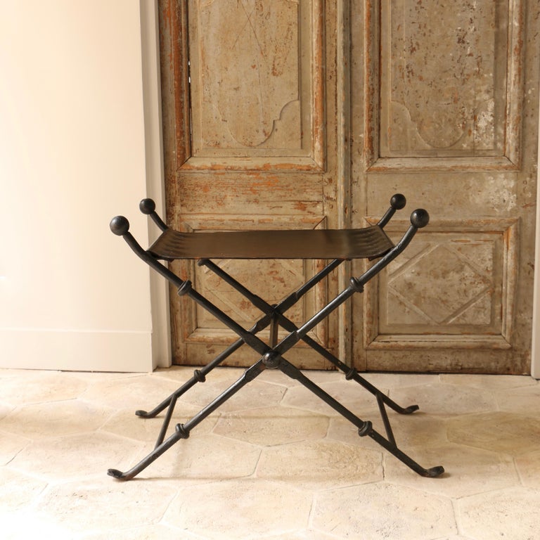 Folding Stool, Black Leather Seat For Sale at 1stDibs