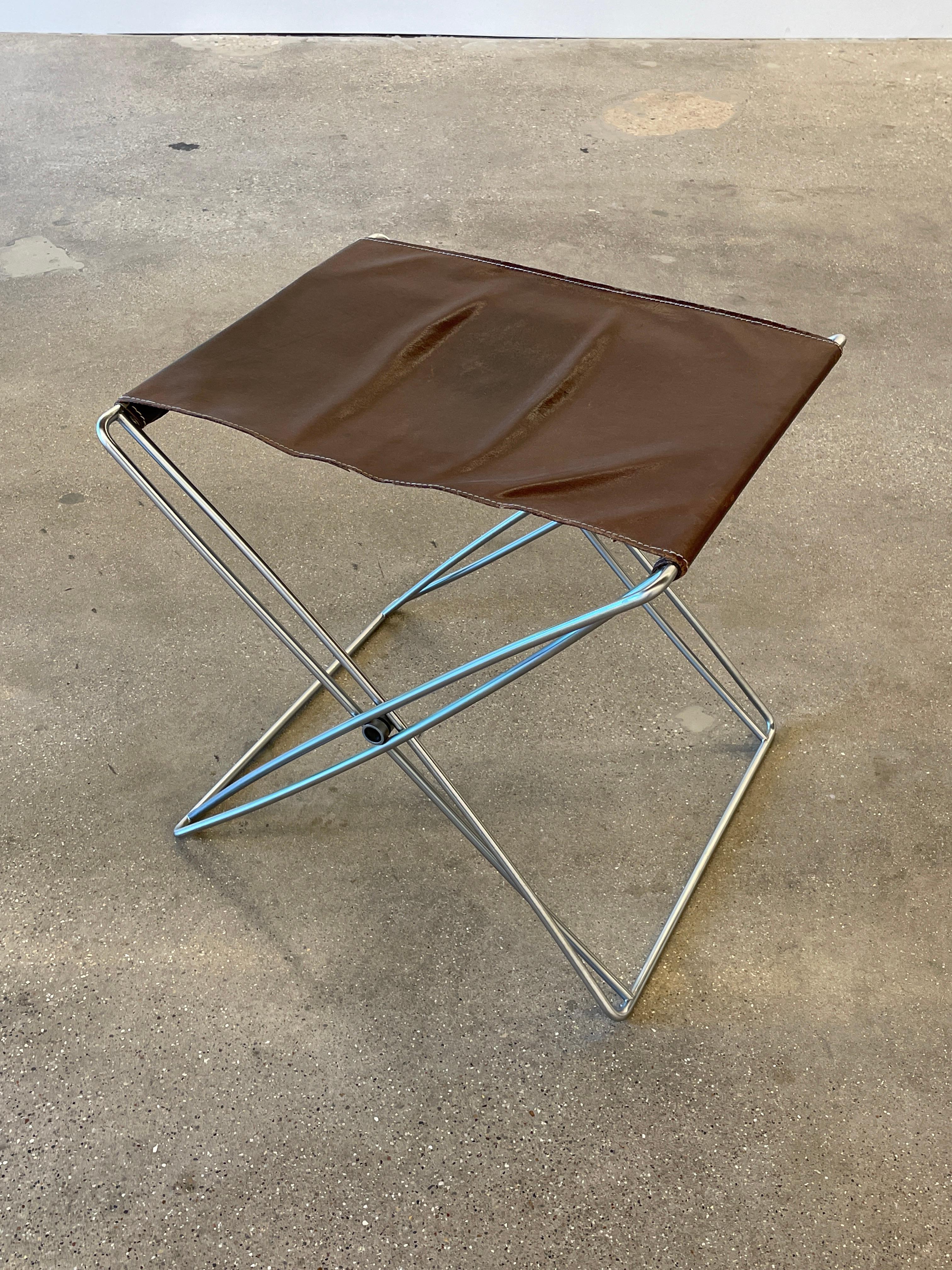 Plated Jörgen Gammelgaard folding leather stool for Design Forum, Denmark, 1970s For Sale