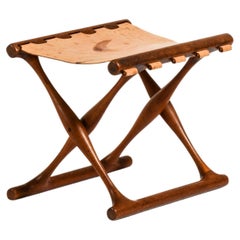 Folding Stool in Teak and Original Natural Leather by Poul Hundevad, 1950's