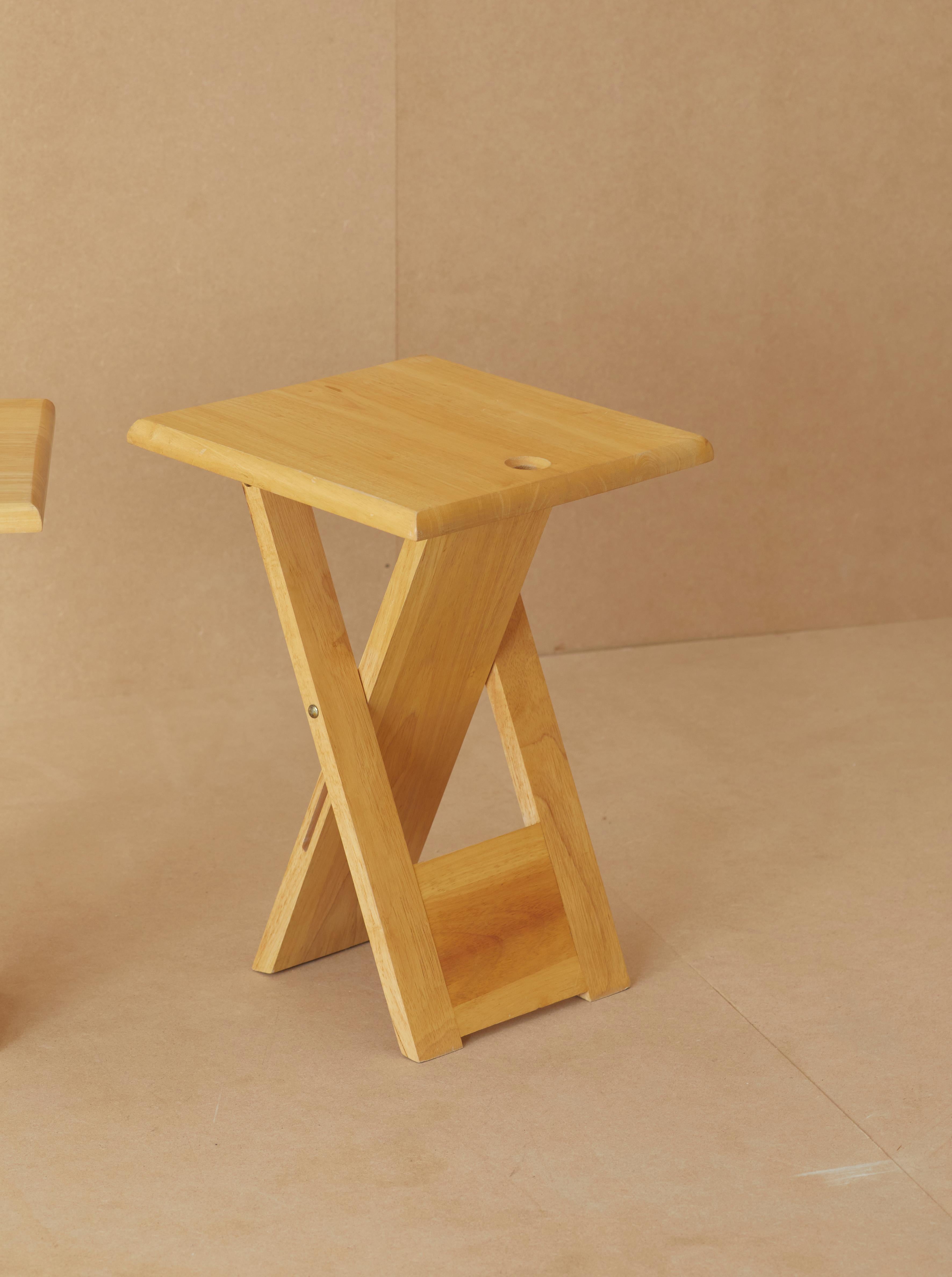 French Folding stools edited by Artefact France (marked), c. 1970, in solid beech wood For Sale