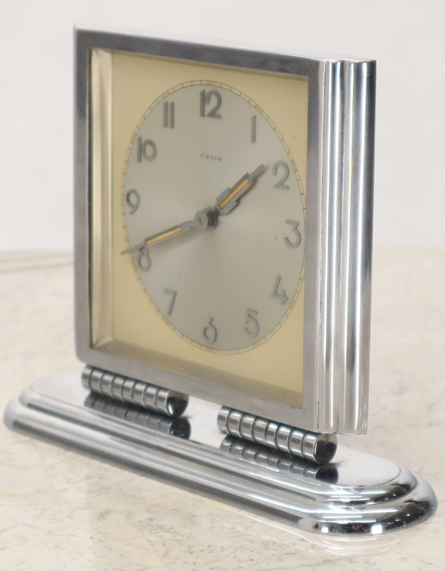 German Folding Swivel Base Art Deco Polished Chrome Travel Table Desk Clock Kienzle