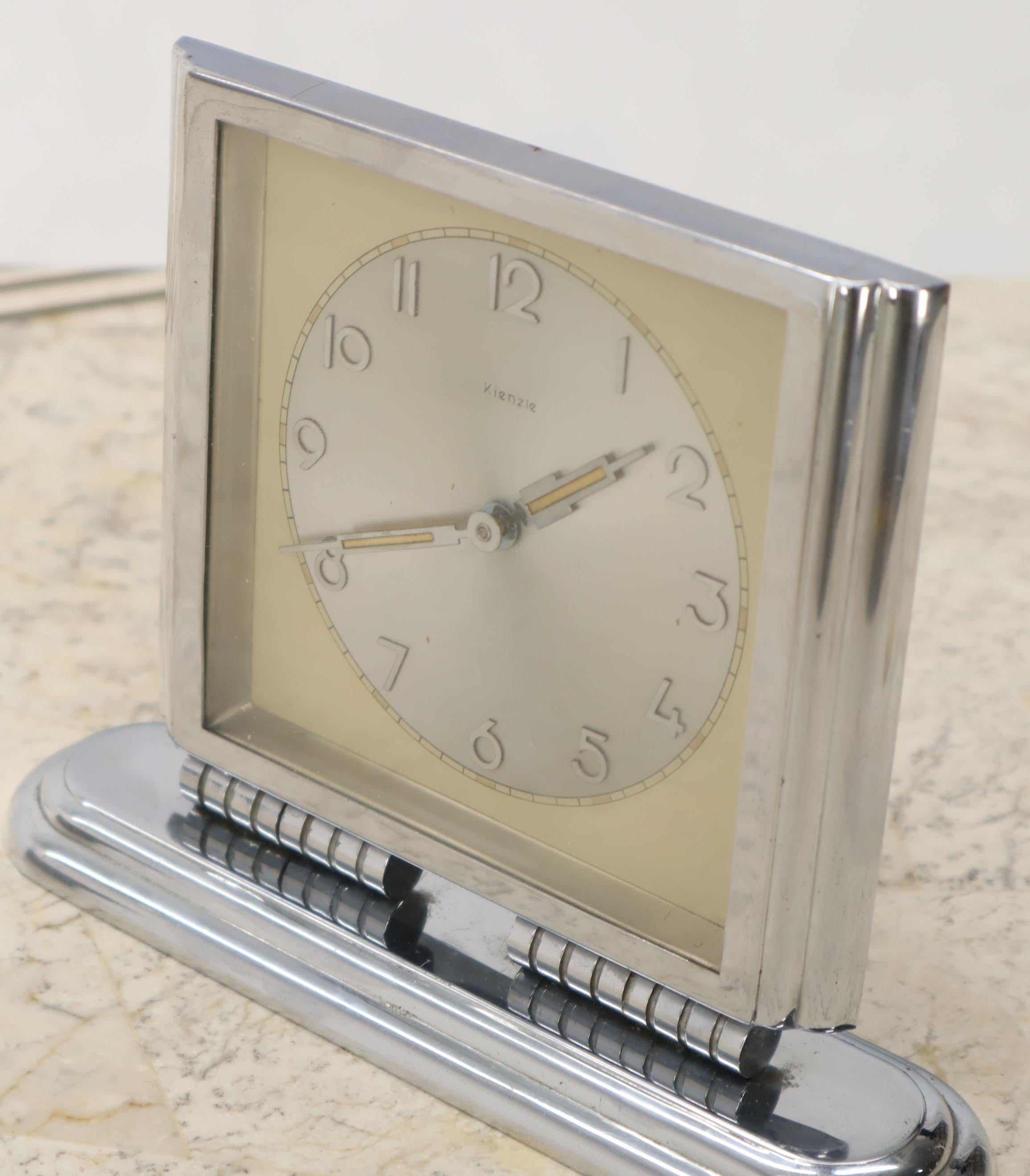 Folding Swivel Base Art Deco Polished Chrome Travel Table Desk Clock Kienzle In Good Condition In Rockaway, NJ